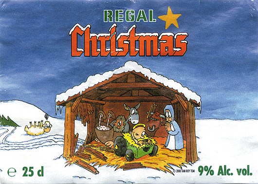 Billedet forestillet etiketten på Regal Christmas på 9%. På etiketten er et alternativt julespil.